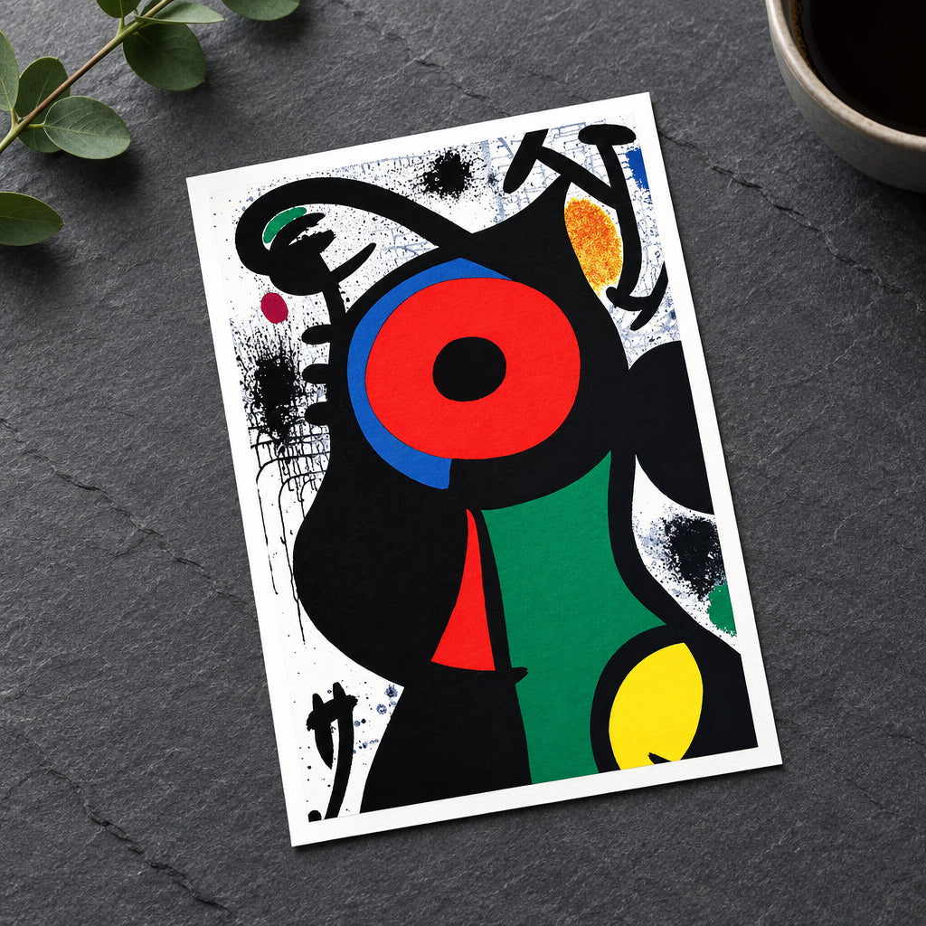Abstract canvas wall art featuring bold geometric shapes and splatters in black, red, green, blue, yellow, orange, and white, shown hanging against a gray wall.