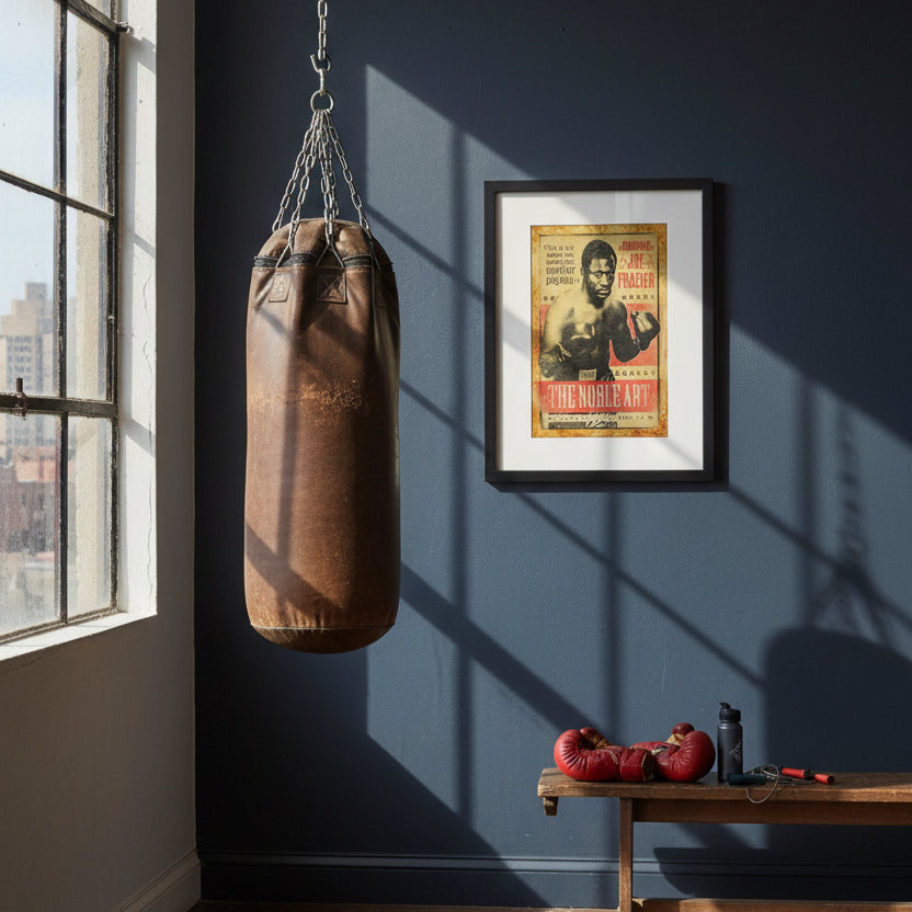 A framed vintage-style boxing poster featuring Joe Frazier, with a black frame and white mat on a light gray background.