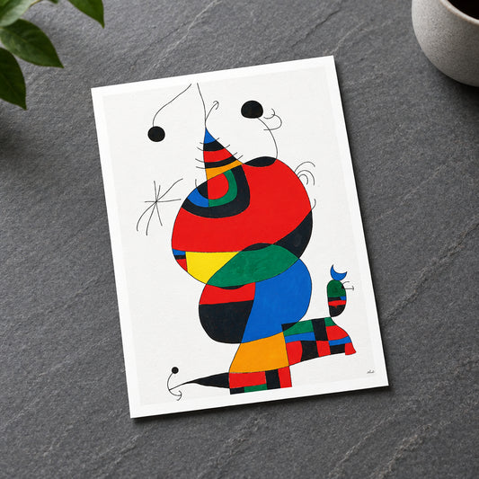 Set of 8 vintage Joan Miró fridge magnets featuring surrealist Spanish art with colorful abstract designs.