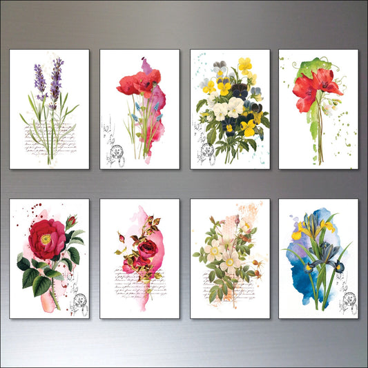Vintage floral watercolor decorative fridge magnets set of 8, flexible magnets with colorful floral designs.