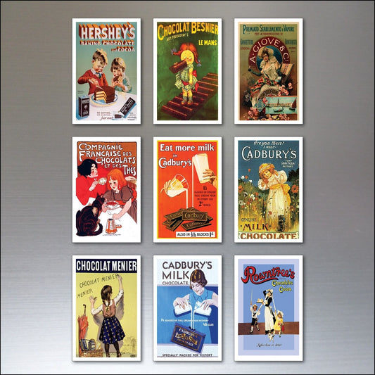 Vintage chocolate fridge magnets with retro advertising poster design, shabby chic style, unbranded decorative kitchen accessories