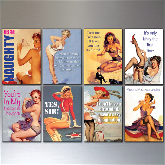 Set of 8 vintage pin-up girl fridge magnets, featuring colorful retro illustrations on metal surfaces.
