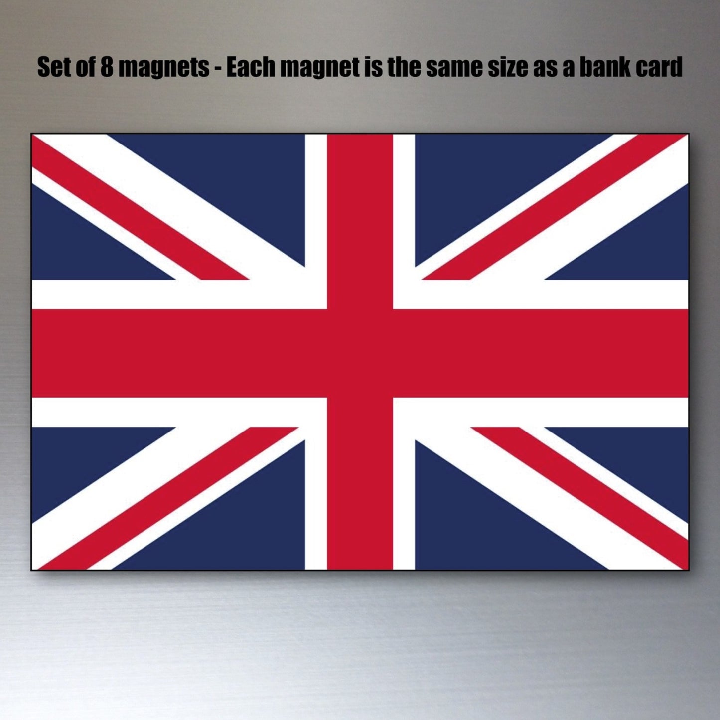 Set of 8 UK Union Jack flag fridge magnets, bank card size, featuring British flag designs for home or office decor.