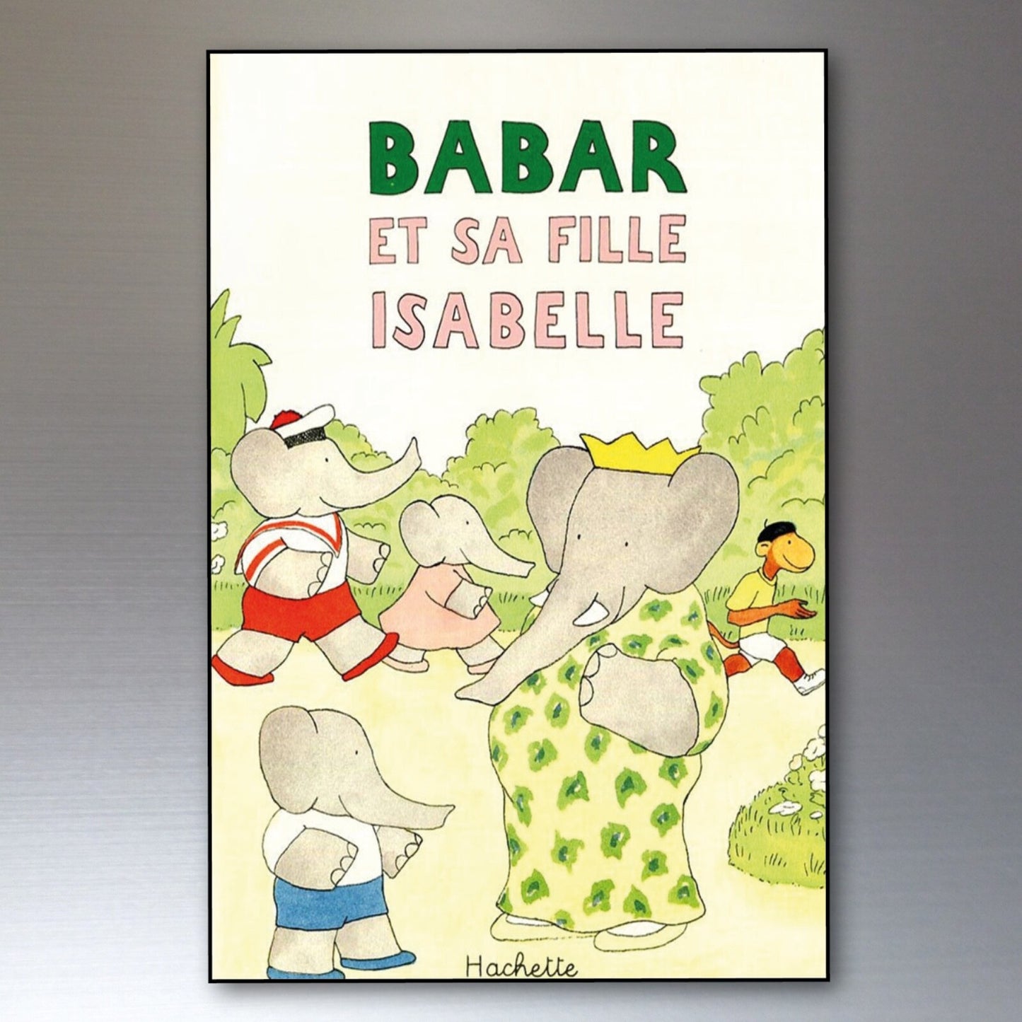 Set of 8 vintage Babar the Elephant French book fridge magnets, colorful and decorative for refrigerator decor.