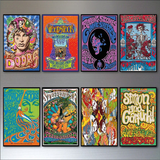 Set of 8 vintage 1960s-70s psychedelic music posters fridge magnets featuring colorful retro designs and bold artwork.