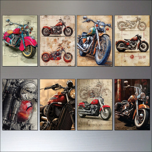 Set of 8 vintage motorbike sketch fridge magnets featuring classic motorcycle illustrations on a white background.