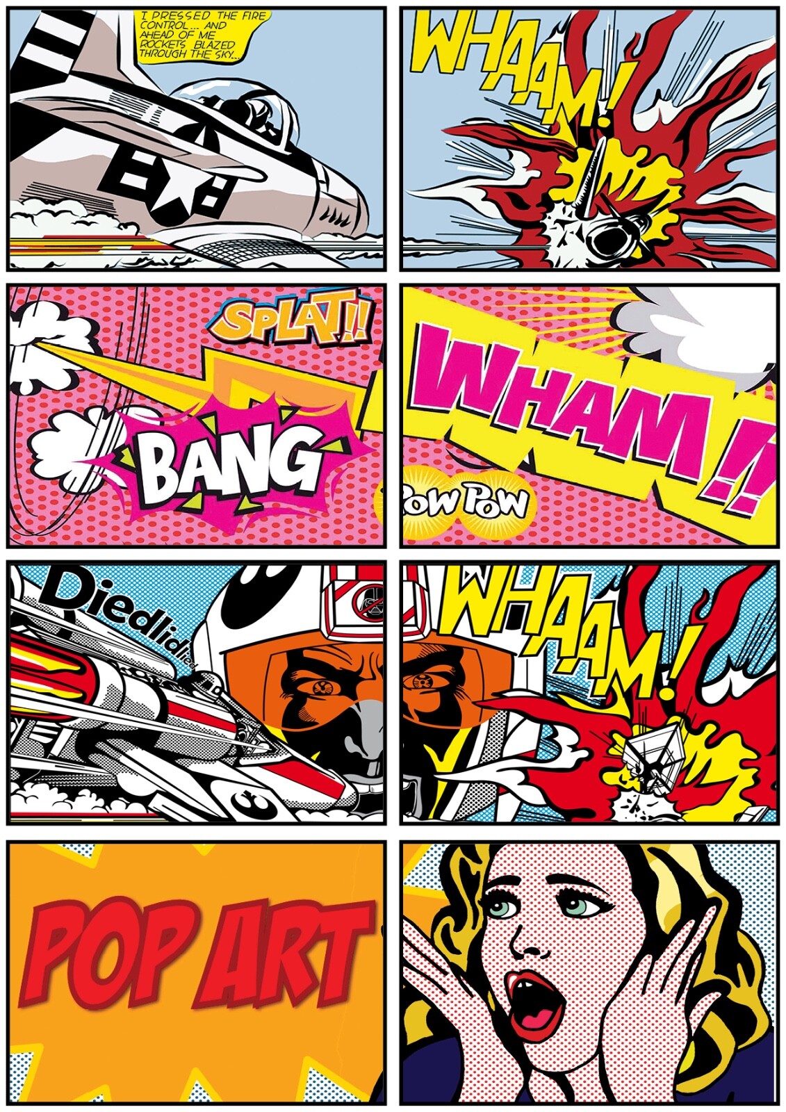 Set of 8 vintage retro pop art fridge magnets featuring bold, colorful comic-style designs inspired by Lichtenstein artwork.