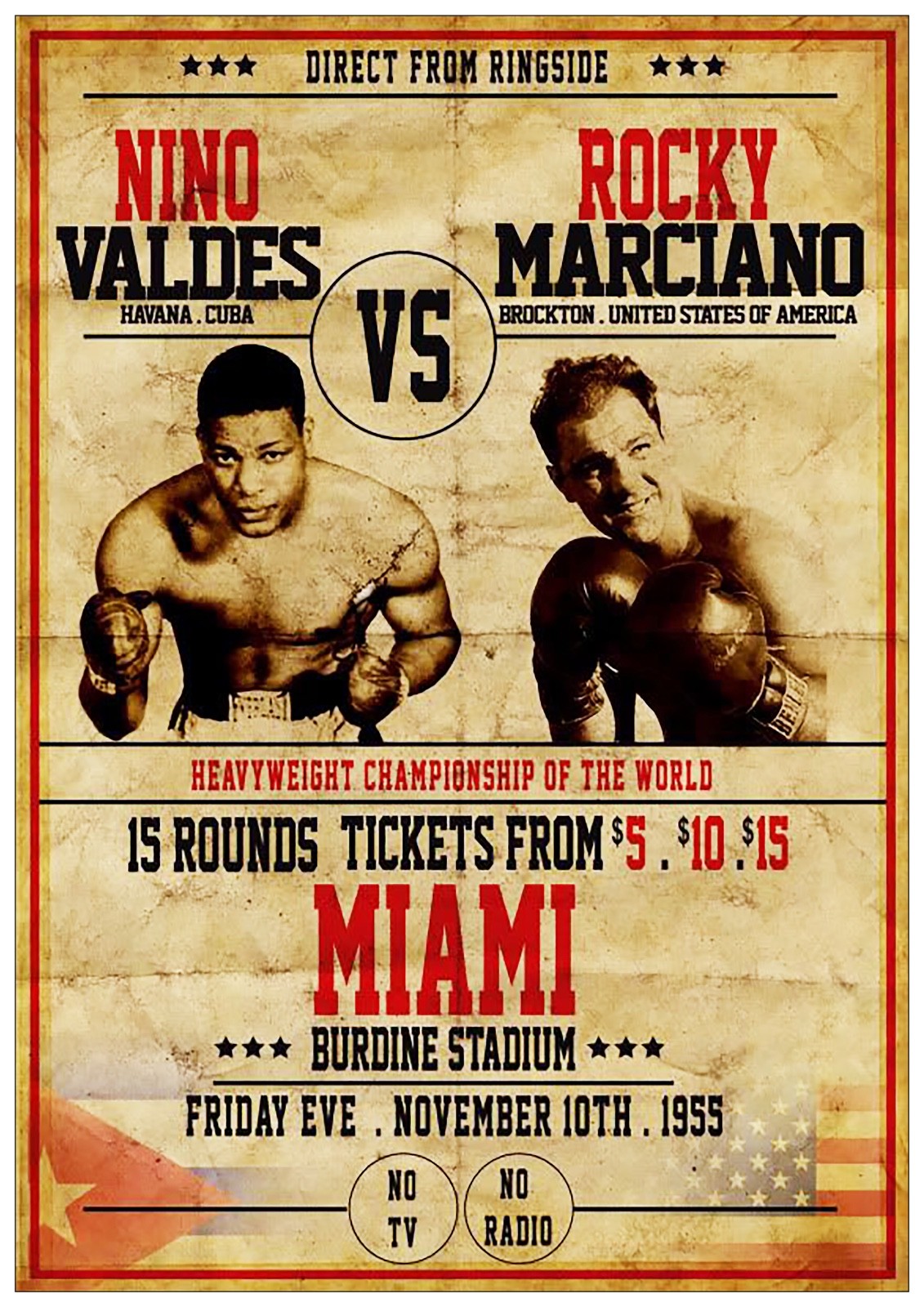 Vintage boxing fight poster print featuring Nino Valdes vs Rocky Marcia, with bold promotional design and classic sports imagery.