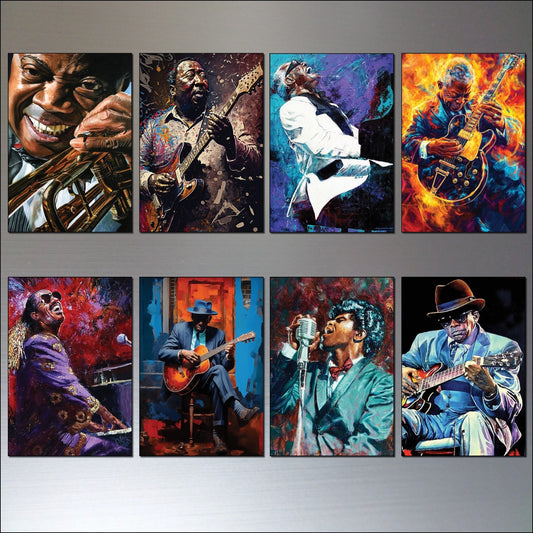 Set of 8 vintage blues, jazz, and soul icon paintings fridge magnets showing colorful musical artwork and retro style.