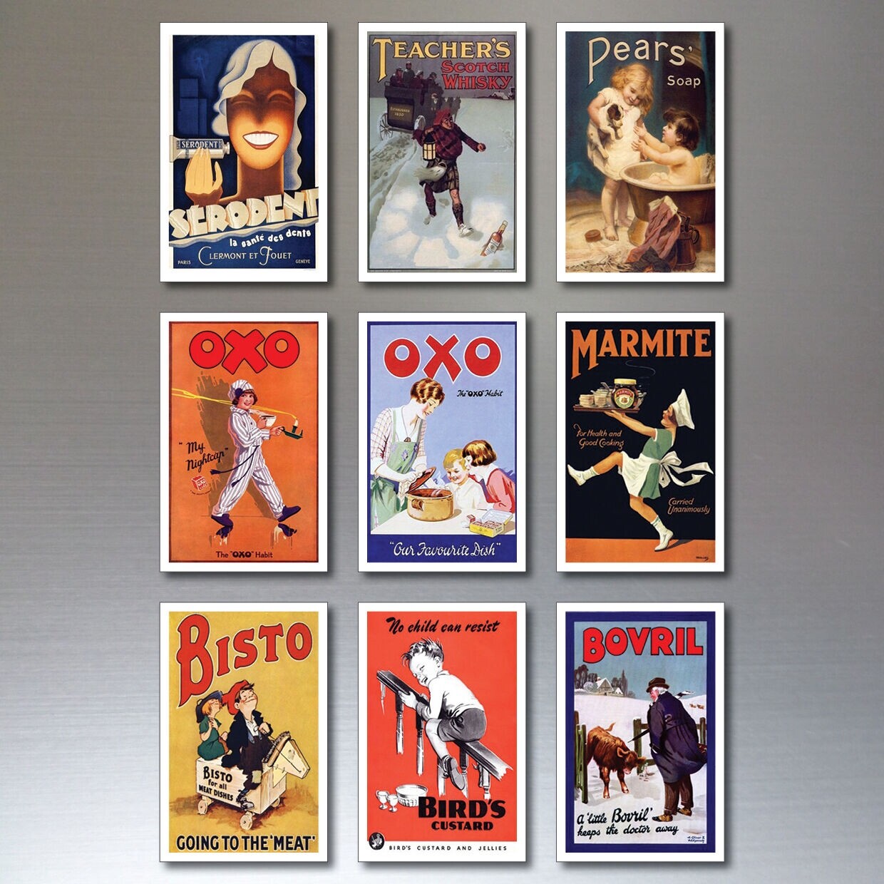 Set of 9 vintage retro fridge magnets featuring classic advertisement designs, ideal for decorating refrigerators.
