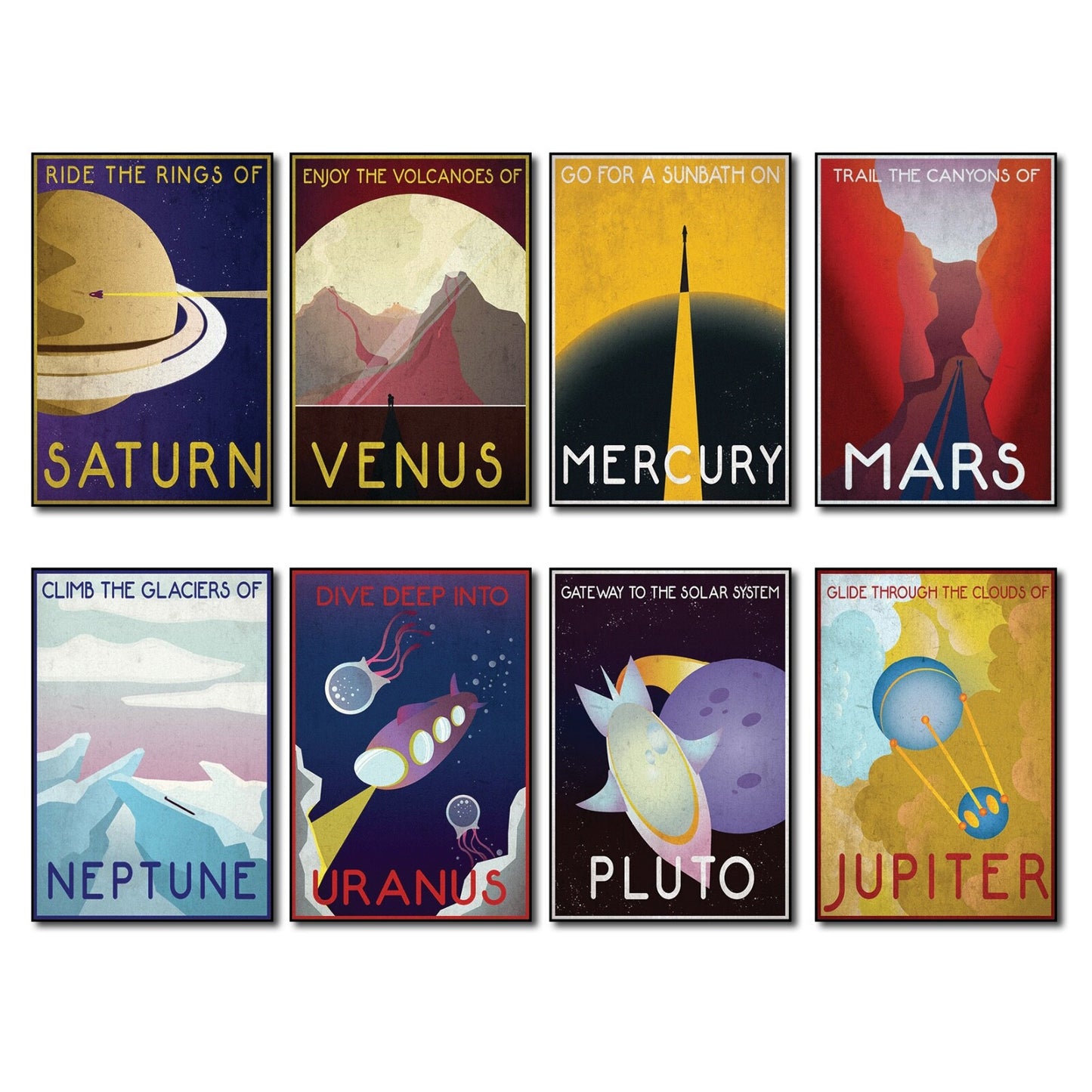 Set of 8 NASA-inspired retro sci-fi artwork prints featuring space travel explorers, ideal for fridge decor.