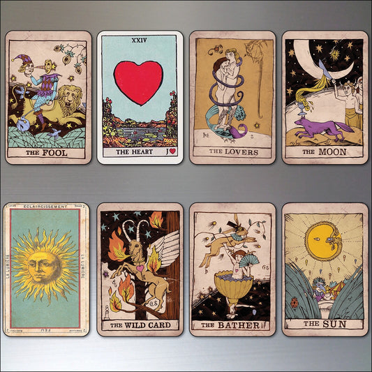 Set of 8 vintage tarot cards fridge magnets, thin decorative tarot card magnets with classic designs on each magnet.