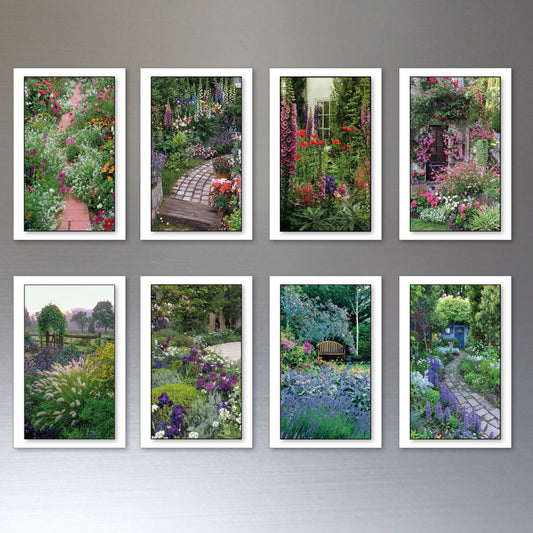Cottage brand cottage garden fridge magnets set of 8 with decorative flexible magnetic designs on a white background.