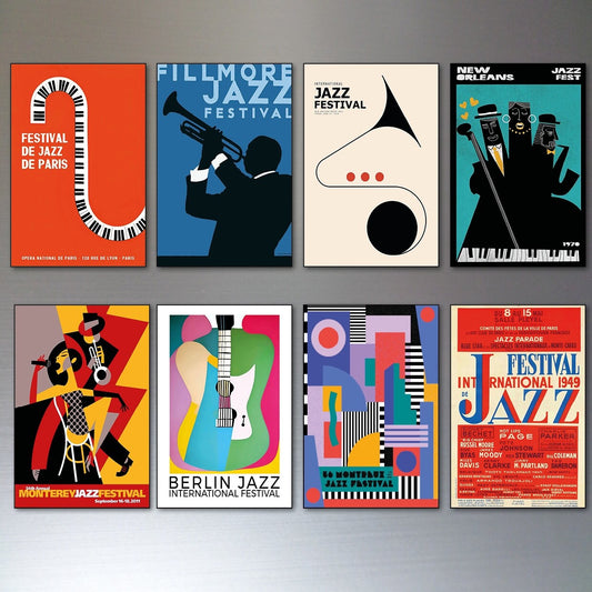 Set of 8 vintage 1960s-70s jazz festival music poster fridge magnets showcasing colorful retro jazz-themed designs.