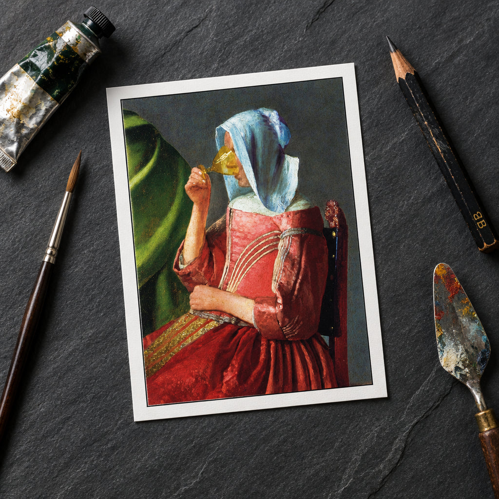 A framed-style art print or poster showing a seated woman in a red dress and blue head covering holding a gold goblet, presented against a gray gradient background.
