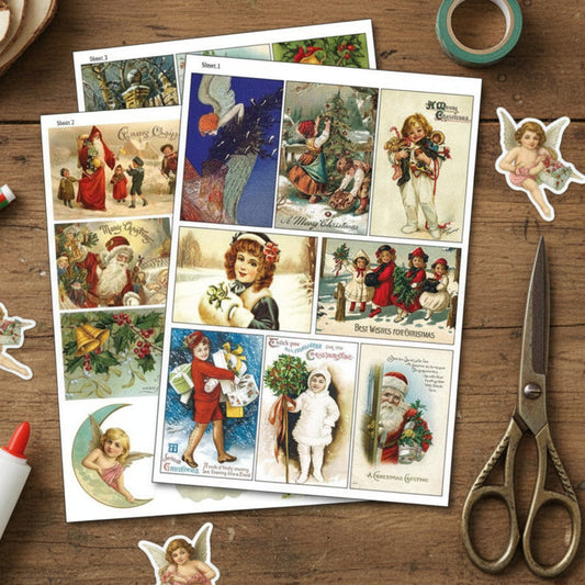 Bubbadoodoo vintage Christmas label craft making self-adhesive A4 sticker sheets with holiday-themed designs and colorful labels.