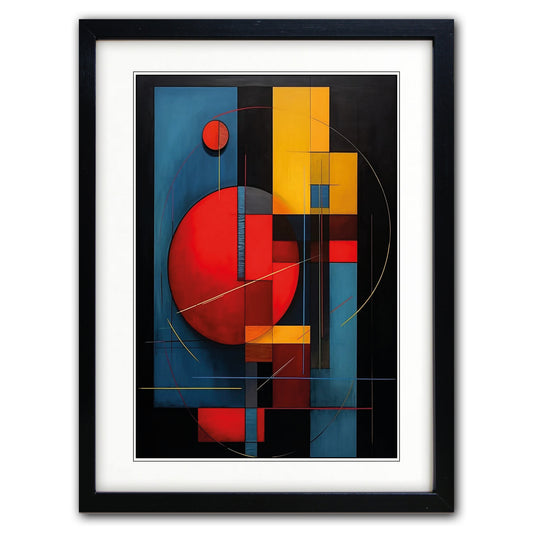 Framed abstract geometric wall art featuring bold red, yellow, and blue shapes on a black background, presented in a black frame with a white mat against a light gray backdrop.