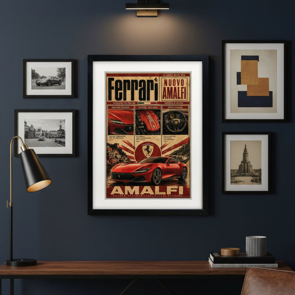 A framed vintage-style Ferrari poster featuring a red Ferrari car, the Ferrari logo, and Italian text, displayed against a white background with a black frame.