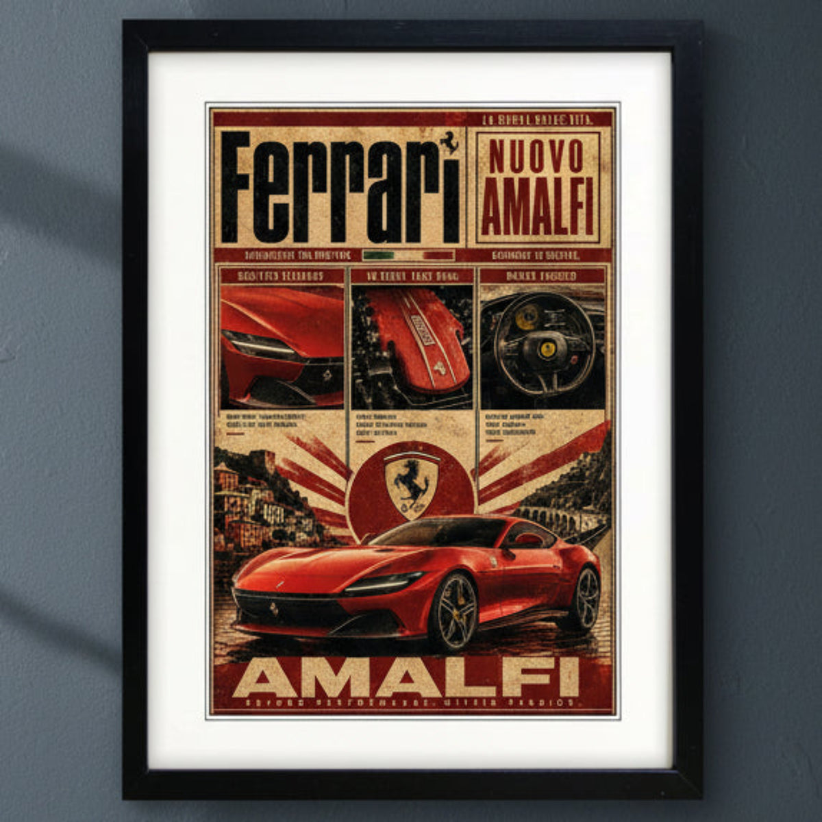 A framed vintage-style Ferrari poster featuring a red Ferrari car, the Ferrari logo, and Italian text, displayed against a white background with a black frame.