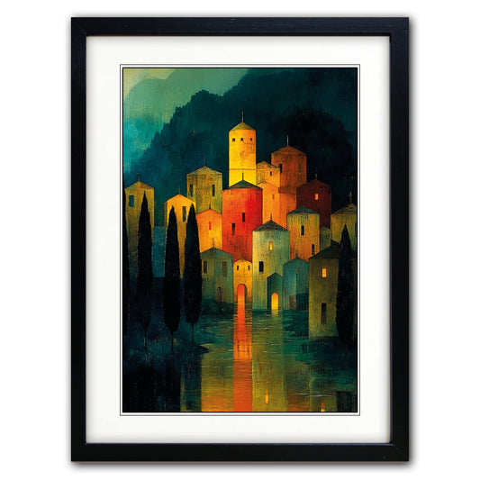 Framed art print featuring a stylized village scene at night with glowing yellow and orange buildings, dark trees, and reflections in water, presented in a black frame with white matting.