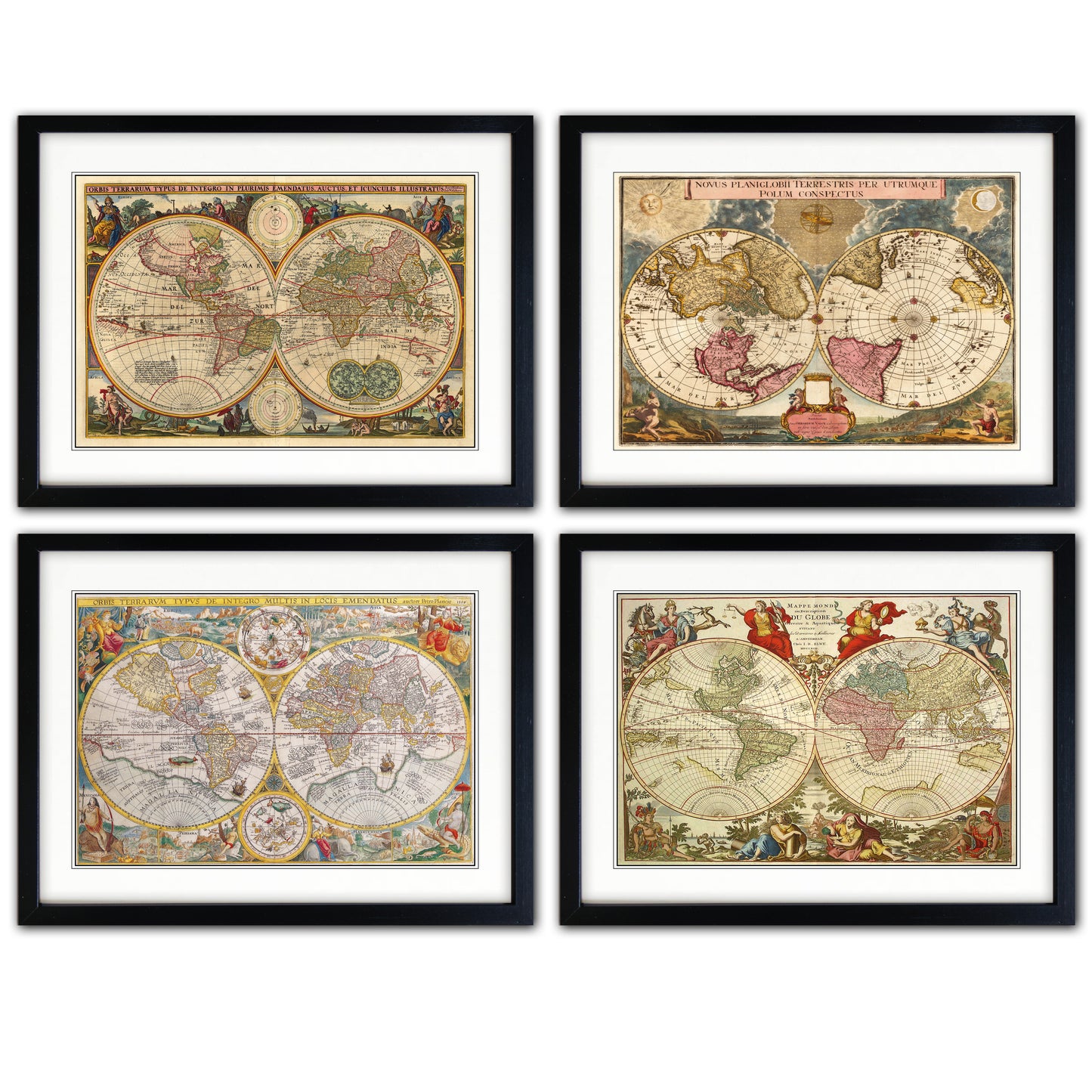 Antique World Map Reproduction Prints | A3 Satin | Collection of 4