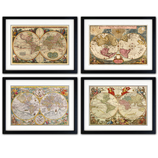 Set of four framed vintage world maps arranged in a 2x2 grid, each map in an ornate black frame with a white mat on a plain white background.