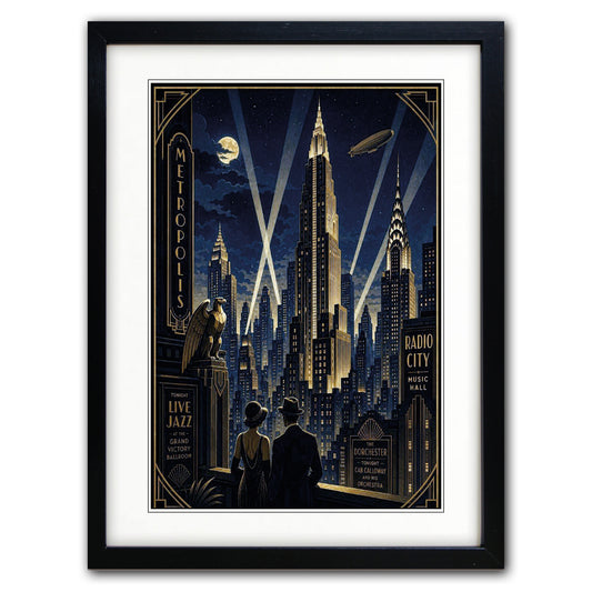 A framed Art Deco style poster depicting a nighttime New York City skyline with illuminated skyscrapers, spotlights, a moon, and silhouetted figures in the foreground, shown in a black frame with white mat on a light gray background.
