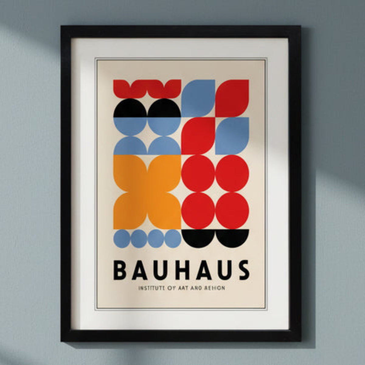 A framed Bauhaus poster featuring a mid-century modern geometric design with red, orange, blue, black, and beige shapes, enclosed in a black frame with a white mat.