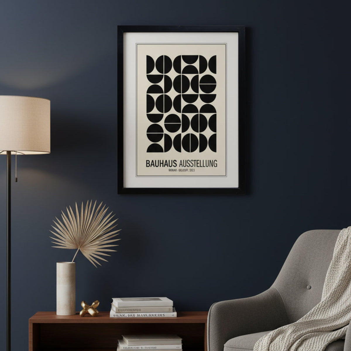 A framed Bauhaus art print featuring a black geometric pattern on a cream background, enclosed in a black frame against a white background.