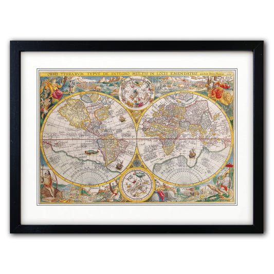 A framed vintage world map print with two large hemispheres, decorative cartouches, and illustrated figures around the border, shown in a black frame with white mat on a light gray background.
