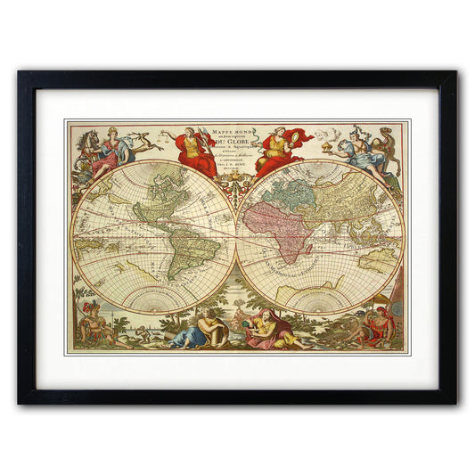 A framed vintage world map print with an ornate black frame and white mat, shown against a plain white background.