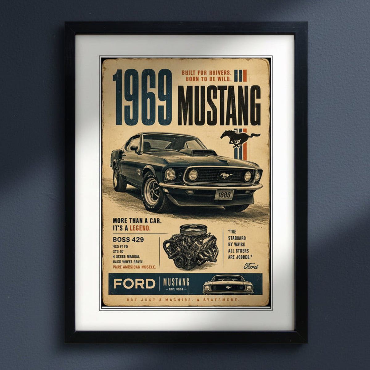 A framed vintage-style Ford Mustang poster print with a black frame and white mat, featuring a dark green 1969 Mustang car, engine illustration, and bold text on a tan background.