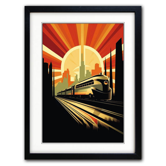 Framed art print featuring a retro-style illustration of a modern train traveling along tracks under a large sunburst sky with a city skyline silhouette.