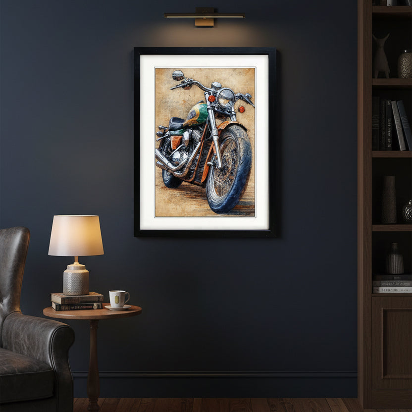 Framed wall art featuring a stylized painting of a cruiser motorcycle on a textured tan background, shown in a black frame with a white mat.