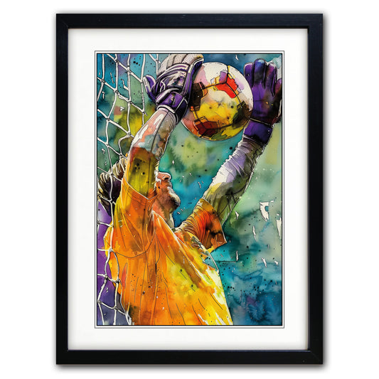 Framed watercolor art print of a soccer goalkeeper in an orange jersey reaching up to catch a yellow and red ball, set against a white mat and a black frame.