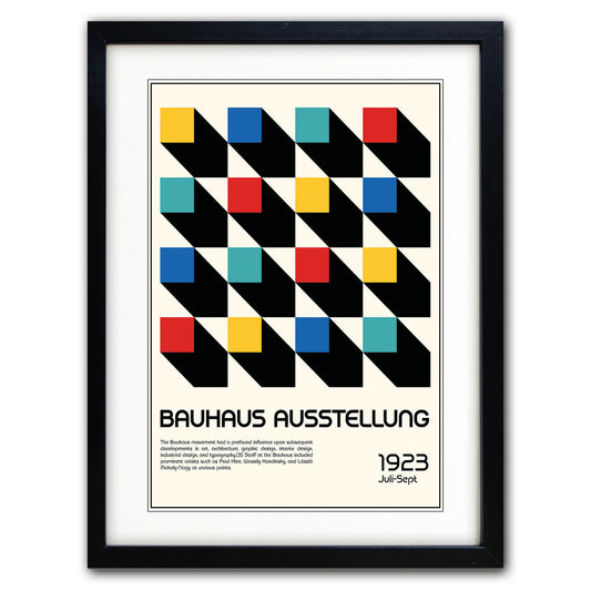 A framed Bauhaus exhibition poster print featuring a geometric pattern of black diagonal blocks with colored squares in yellow, red, blue, and teal on an off-white background.