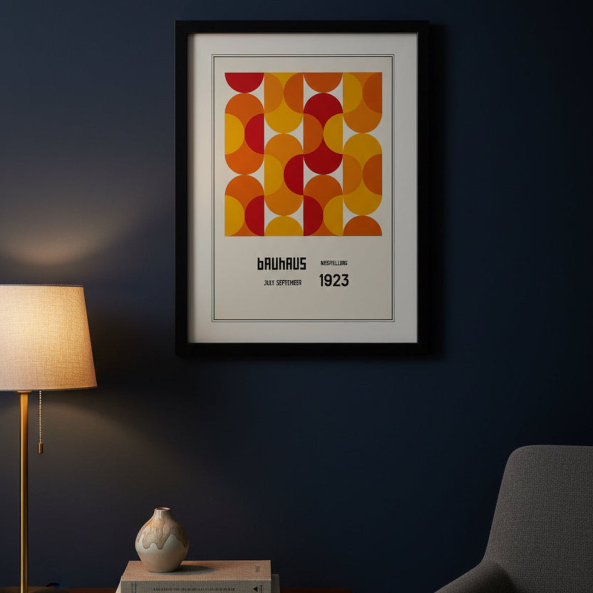 A framed Bauhaus poster featuring a bold mid-century geometric pattern in orange, yellow, and red, with the text 'BAUHAUS RUSSELLING JULY-SEPTEMBER 1923' below, shown in a black frame against a white background.