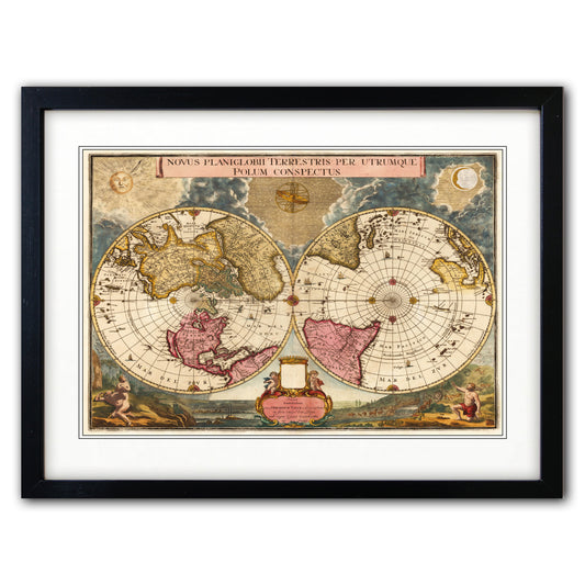 A framed vintage double-hemisphere world map print with an ornate black frame and white mat, shown against a plain white background.