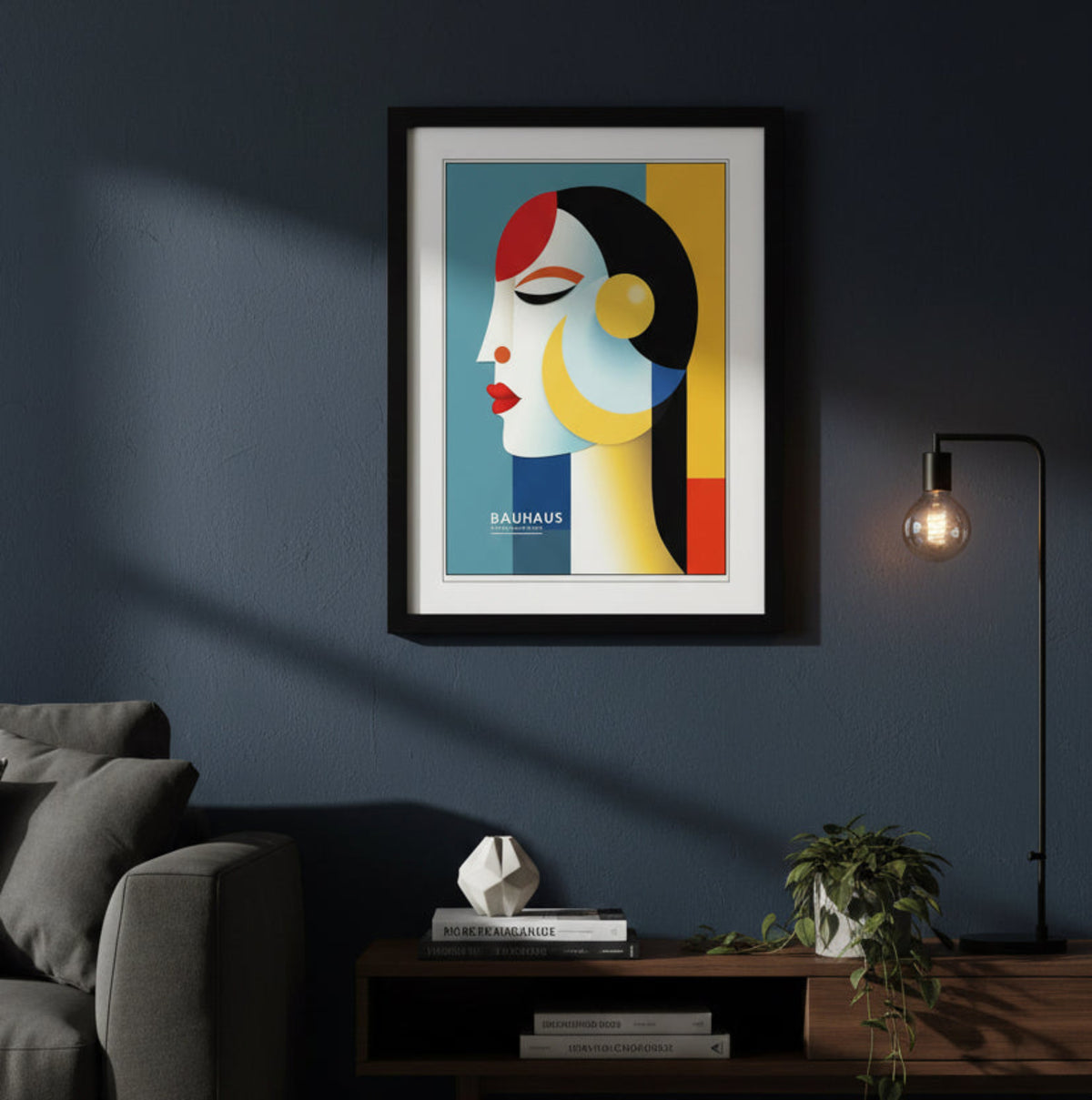 A framed Bauhaus art print featuring a stylized woman's profile in geometric colors, enclosed in a black frame with a white mat on a light gray background.