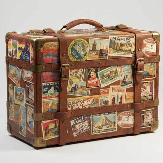 Vintage luggage label stickers by Bubbadoodoo on a suitcase, featuring retro-inspired design for vintage trunks and travel luggage.