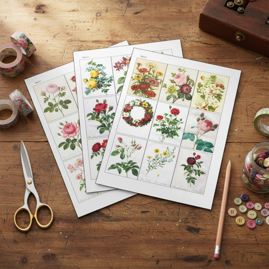 A set of vintage-style botanical art print sheets fanned out on a white background, featuring detailed illustrations of roses and other flowers in classic scientific illustration style.