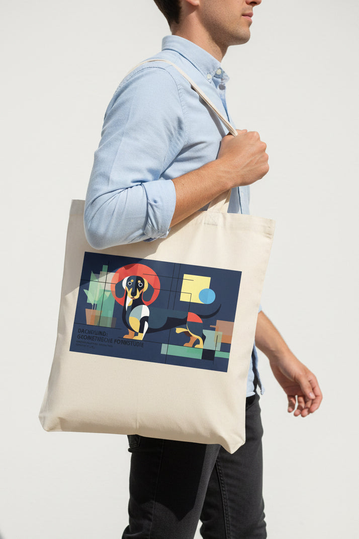 A natural canvas tote bag with a colorful geometric art print on the front, featuring a dachshund and the text 'SNOWBOARD: ARCHITECTURE FOR FUTURE GENERATIONS'.