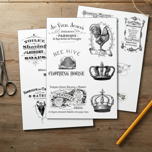A set of vintage-style French typography labels or stickers displayed on a white background. The designs feature elegant serif fonts, decorative borders, and illustrations including a rooster, a bee, and crowns, with text such as 'Au Vieux Acacia', 'BEE HIVE', and 'CLOTHING HOUSE'.
