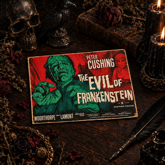 A vintage-style movie poster for 'The Evil of Frankenstein' featuring Peter Cushing, displayed flat on a dark wooden tabletop with books and a brass object partially visible around it.