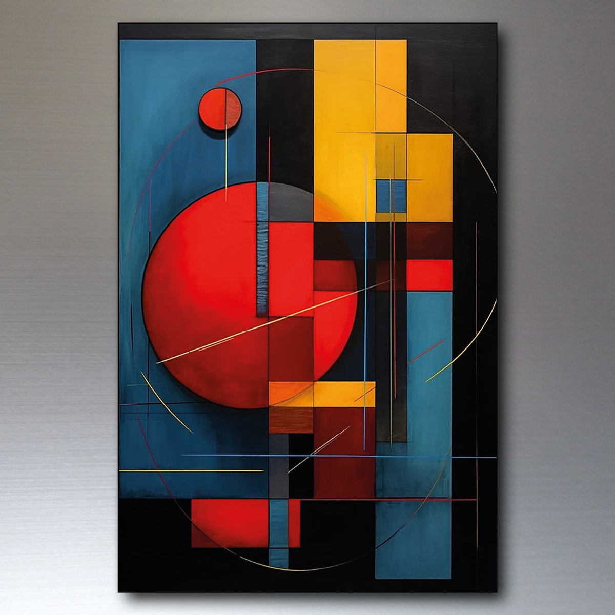 A framed abstract geometric painting featuring bold red, yellow, and blue shapes on a black background, shown hanging against a gray wall.