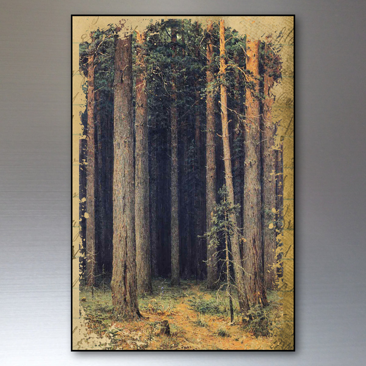 A vertical framed art print depicting a dense forest with tall tree trunks, green foliage, and a sunlit forest floor, shown against a neutral gray gradient background.