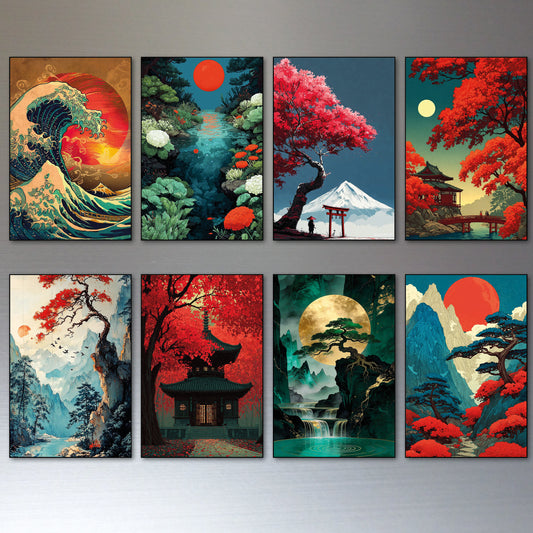 Japanese Modern Art Vintage Landscape Scenes | Set of 8 Fridge Magnets | No.4