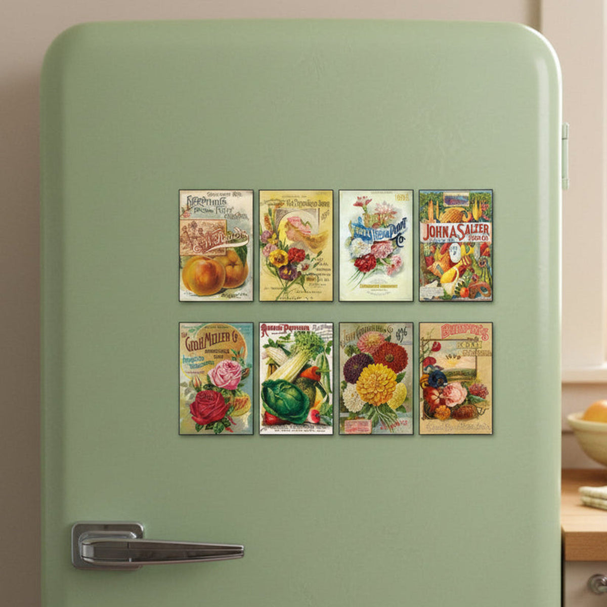 Eight vintage-style illustrated poster card fridge magnets arranged in two rows on a light gray background. The fridge magnet feature colorful agricultural and floral designs with text such as 'Everything for the Fruit Grower,' 'Floral Feed Plant,' 'Johnas Salzer Seed Co,' 'Geo.