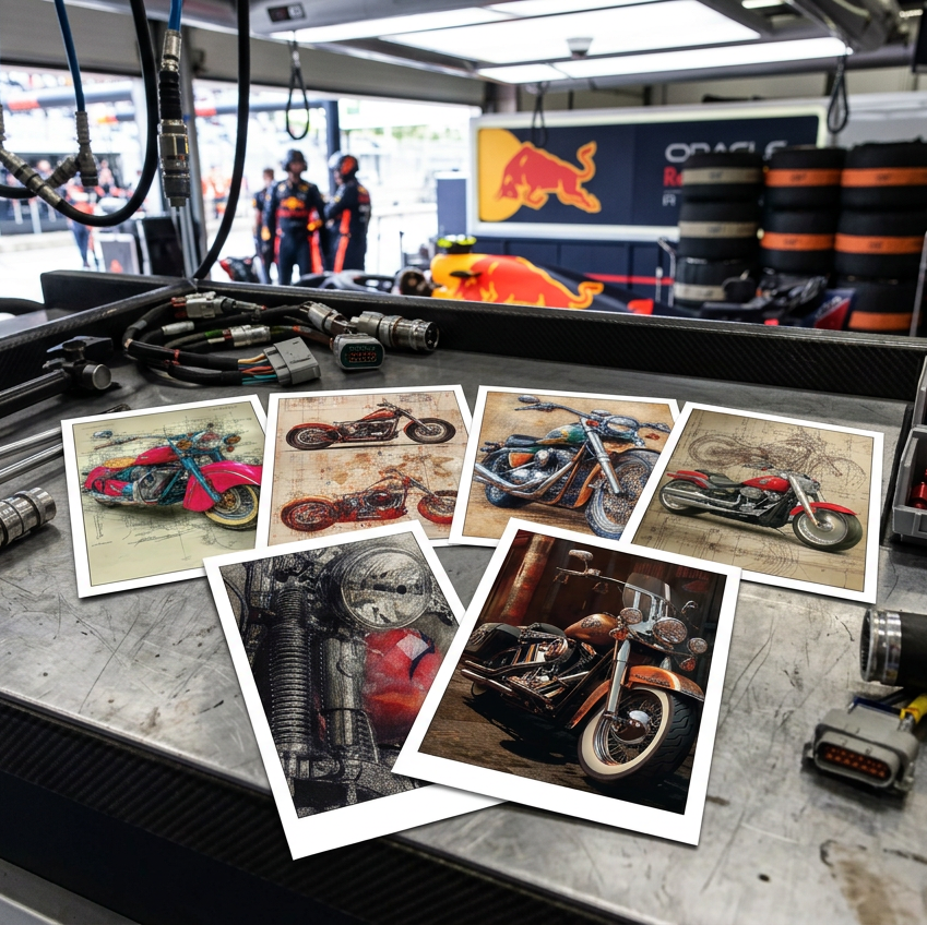 A set of five printed motorcycle art prints displayed on a metallic workbench inside a garage or pit area, with tools, tires, and a Red Bull logo visible in the background.