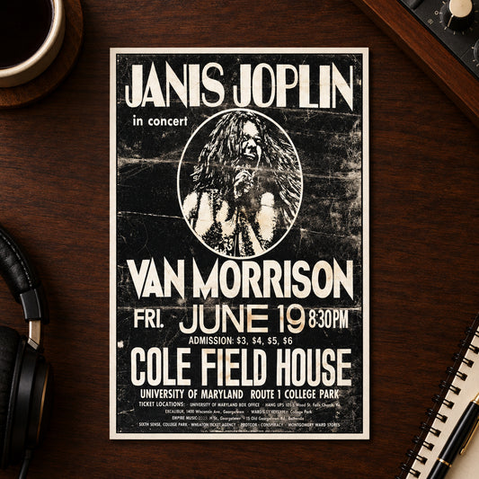 A vintage concert poster for Janis Joplin and Van Morrison at Cole Field House, displayed against a metallic gray wall. The poster is black with distressed white text and a circular portrait of Janis Joplin.